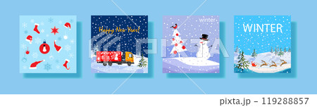 A set of four festive winter posters featuring snowy landscapes, holiday decorations, a cheerful snowman, a truck, and reindeer, perfect for seasonal celebrations. 119288857