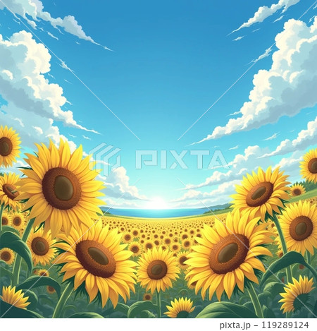 青空に咲く満開のヒマワリのイラストです。元気いっぱいに育つ姿が海と空を背景に素敵です。 青空に咲く満開のヒマワリのイラストです。元気いっぱいに育つ姿が海と空を背景に素敵です。 119289124