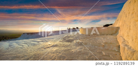 Travertine terrace formations left by flowing thermal springs in Pamukkale, literally "Cotton Castle" in Turkish, most visited attraction in Turkey Travertine terrace formations left by flowing thermal springs in Pamukkale, literally "Cotton Castle" in Turkish, most visited attraction in Turkey 119289139
