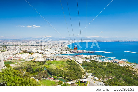 Aerial view of beautiful blue Gulf of Antalya and popular seaside resort city Antalya, Turkey. Aerial view of beautiful blue Gulf of Antalya and popular seaside resort city Antalya, Turkey. 119289153