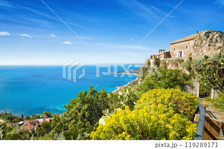Church of Madonna della Rocca built on rock in Taormina, Sicily, Italy. Church of Madonna della Rocca built on rock in Taormina, Sicily, Italy. 119289171