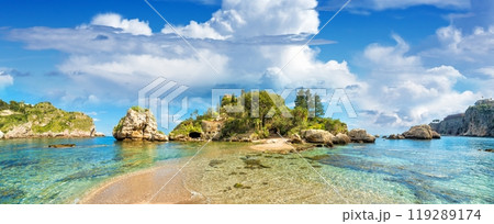 Panoramic view of Isola Bella, small island near Taormina, Sicily, Italy. Panoramic view of Isola Bella, small island near Taormina, Sicily, Italy. 119289174