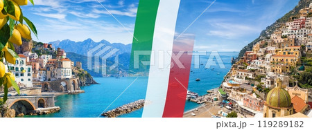 Panoramic collage with flag of Italy and resort towns Atrani and Positano in Amalfi coast, Campania, Italy. 119289182