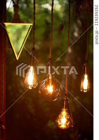 Warm light, Edison lamps. Paw warm atmosphere, retro light Warm light, Edison lamps. Paw warm atmosphere, retro light 119289262