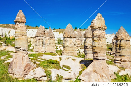 Amazing rocks in Cappadocia near Goreme eroded into spectacular pillars and minaret-like forms, Turkey 119289296