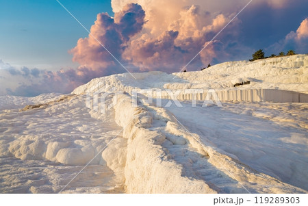 Travertine terrace formations left by flowing thermal springs in Pamukkale, literally "Cotton Castle" in Turkish, most visited attraction in Turkey 119289303