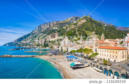 Beautiful seaside town Amalfi in province of Salerno, Campania, Italy. Amalfi coast is popular travel and holyday destination in Europe. 119289330