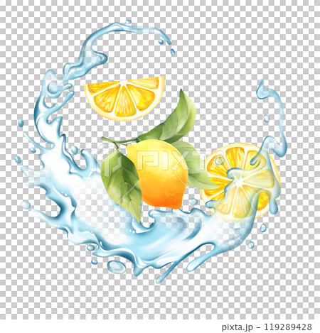 Lemons with water splash. Fruit illustration on white background Lemons with water splash. Fruit illustration on white background 119289428