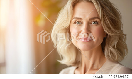 mature radiant woman beauty model with smooth and fresh skin, anti-aging and wrinkle care treatments	 119289437