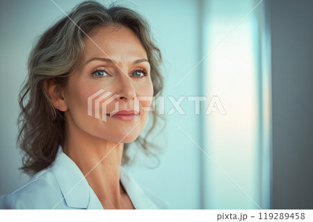 youthful middle-aged woman with glowing skin, skincare and facial treatment model	 119289458