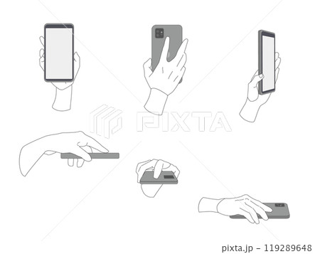 スマホ画面を見せたりかざしたりする手のモノクロイラストセット スマホ画面を見せたりかざしたりする手のモノクロイラストセット 119289648