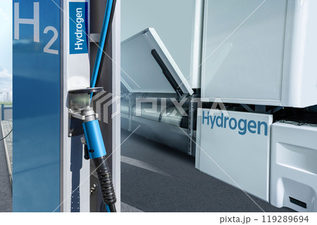 A hydrogen fuel cell semi truck with H2 gas cylinder onboard next to filling station. Eco-friendly commercial vehicle concept. 119289694