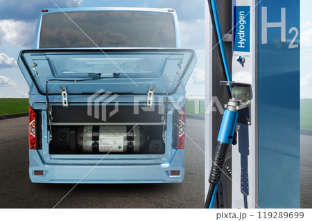Hydrogen gas station and bus with an open hood and a hydrogen cylinder inside. Clean mobility concept. Hydrogen gas station and bus with an open hood and a hydrogen cylinder inside. Clean mobility concept. 119289699