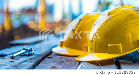 Yellow construction helmets and other tools  lying on wooden planks for labor day celebration 119289858