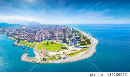 Aerial panoramic image of beautiful Batumi in Georgia made with drone in sunny summer weather. 119289936