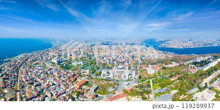 Aerial panoramic view of historical center of city and famous landmarks in Istanbul, Turkey. Blue Mosque and Hagia Sophia in Sultanahmet district of Istanbul. 119289937