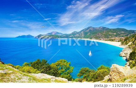 Beautiful lagoon and Blue Flag beach in Oludeniz, Fethiye district, Turquoise Coast of southwestern Turkey. 119289939