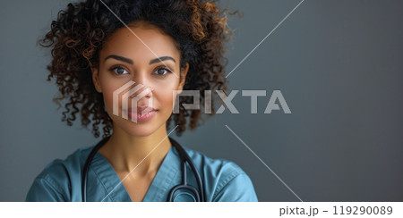 Portrait of a young biracial woman in medical scrubs against a gray background 119290089