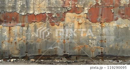 Aged industrial wall with peeling paint and rust, showing signs of decay and weathering Aged industrial wall with peeling paint and rust, showing signs of decay and weathering 119290095
