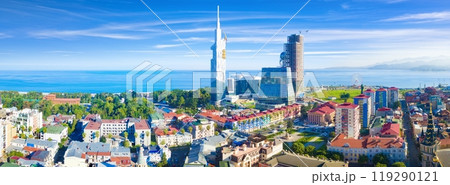 Aerial panoramic image of beautiful Batumi in Georgia made with drone in sunny summer weather. Aerial panoramic image of beautiful Batumi in Georgia made with drone in sunny summer weather. 119290121