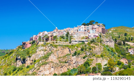 Castelmola is picturesque village perched on hilltop above Taormina located in Metropolitan City of Messina, Sicily, Italy 119290145