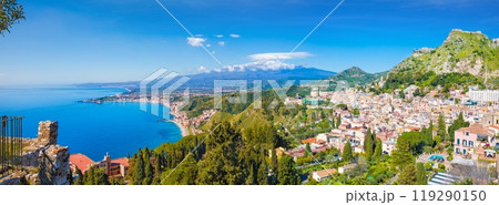 Aerial panoramic view of Taormina located in Metropolitan City of Messina, on east coast of Sicily island, Italy. Aerial panoramic view of Taormina located in Metropolitan City of Messina, on east coast of Sicily island, Italy. 119290150