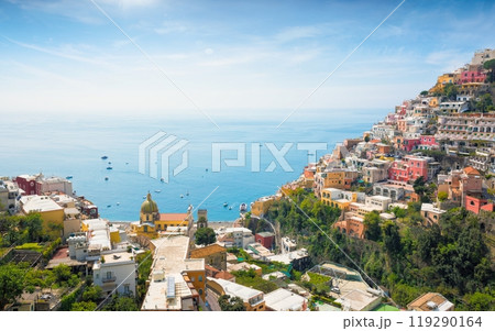 Beautiful Positano on hills leading down to coast and azure sea, Italy 119290164
