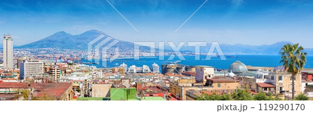 Panoramic view of Naples, Italy. Castel Nuovo and Galleria Umberto I towering over roofs of neighboring houses of Naples. 119290170