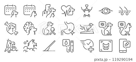 Pet hospital icon set. It included Veterinarian, Vet , clinic, services, exotic pet, and more icons. Editable Vector Stroke. Pet hospital icon set. It included Veterinarian, Vet , clinic, services, exotic pet, and more icons. Editable Vector Stroke. 119290194
