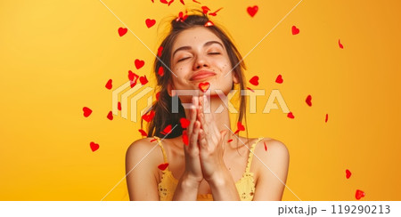 Smiling woman with closed eyes and folded hands surrounded by red heart  shapes on a yellow background 119290213