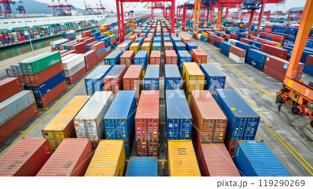 Logistics, container Cargo ship transportation with working crane bridge in deep sea port for import export. 119290269