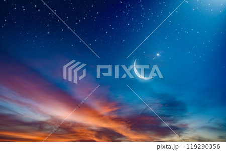 Ramadan background with crescent, stars and glowing clouds with ray from skies. Month of Ramadan is that in which was revealed Quran. Ramadan background with crescent, stars and glowing clouds with ray from skies. Month of Ramadan is that in which was revealed Quran. 119290356