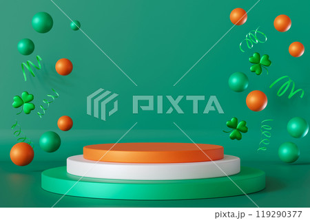 St. Patricks Day-themed scene featuring green, white, and orange podium with floating shamrocks and ribbons. Vibrant green background offers ample copy space, ideal for product display, promotion. 3D. 119290377