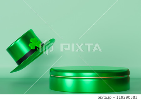 Vibrant St. Patrick's Day themed podium with hat and three-leaf clover. Product display, presentation. Luck and Irish heritage. Advertising, promotion design. Copy space. Luxurious design. 3D render. 119290383
