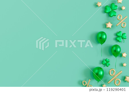 Festive St. Patrick's Day-themed background featuring green balloons, shamrocks, golden stars and percentage symbols on pastel green backdrop. Celebratory mood perfect for discounts, promotions. 3D. 119290401