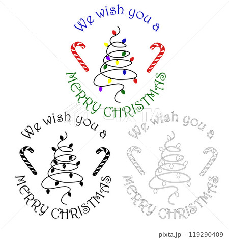 Circle Christmas Banner with LED lights in Tree Shape and Candy Canes. Xmas Elements for Sticker, Postcard Template. Holiday Spirit With A We Wish You A Merry Christmas Message. Vector illustration Circle Christmas Banner with LED lights in Tree Shape and Candy Canes. Xmas Elements for Sticker, Postcard Template. Holiday Spirit With A We Wish You A Merry Christmas Message. Vector illustration 119290409