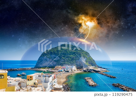 Dramatic fantastic image - transparent energy dome covers green rock, teleportation portal between earth and galaxy in deep space, scientific experiment. 119290475