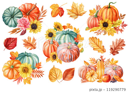 Watercolor pumpkins, sunflowers and autumn leaves set. Hand-Painted fall clipart. Collection for fall decor, postcard 119290779