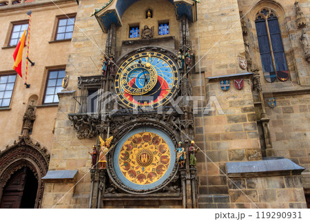 Prague astronomical clock or Prague Orloj is a medieval astronomical clock attached to the Old Town Hall in Prague, Czech Republic 119290931