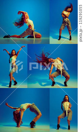 Collage. Young beautiful women in high heels dancing passionately stiletto dance against gradient background in neon light Collage. Young beautiful women in high heels dancing passionately stiletto dance against gradient background in neon light 119291055