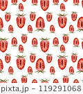 Watercolor pattern with strawberries, sliced strawberries, berries. Pattern with summer berries for wrapping paper, wallpaper, packaging design 119291068