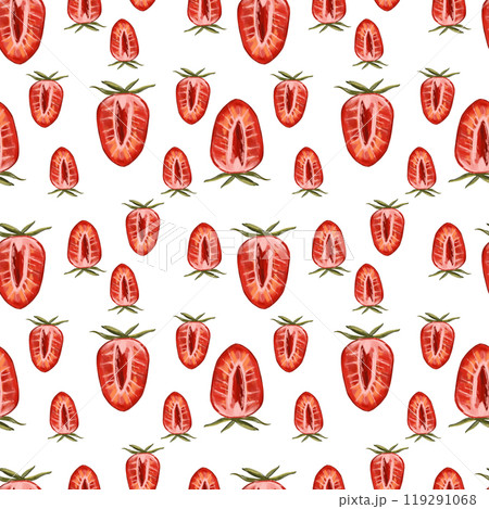 Watercolor pattern with strawberries, sliced strawberries, berries. Pattern with summer berries for wrapping paper, wallpaper, packaging design 119291068