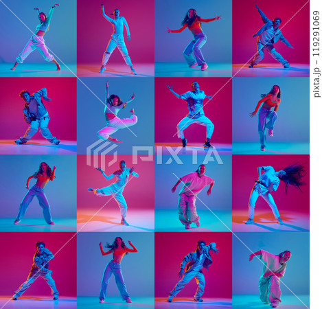 Collage. Dynamic images of young stylish people, men and women in motion, dancing against gradient background in neon light Collage. Dynamic images of young stylish people, men and women in motion, dancing against gradient background in neon light 119291069