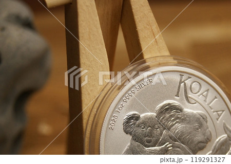 Fragment of an Australian silver coin.1 Dollar Australian koala 2023. 119291327