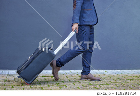 Business man, legs and suitcase in city to airport, employee and work trip for global opportunity. Male person, walking and mockup space for journey, luggage and travel or immigration for career Business man, legs and suitcase in city to airport, employee and work trip for global opportunity. Male person, walking and mockup space for journey, luggage and travel or immigration for career 119291714