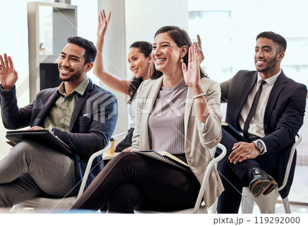 Business, people and smile with question in office at meeting, presentation or workshop as accountant. Hand, answer and happy with training as volunteer for career development or audience vote Business, people and smile with question in office at meeting, presentation or workshop as accountant. Hand, answer and happy with training as volunteer for career development or audience vote 119292000