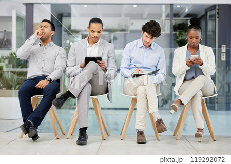 Business people, job interview and waiting room with hiring opportunity, patience for assessment or application for employment. Human resources, meeting and recruitment process with onboarding 119292072