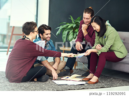 Creative, business people and meeting with color palette for interior design or project discussion at office. Group of employees with swatches for choice, decision or idea in collaboration or startup 119292091