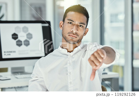 Asian man, portrait and bad review with thumbs down for business failure, dislike or no at office. Disappointed businessman or employee with emoji for negative, disapproval or feedback at workplace Asian man, portrait and bad review with thumbs down for business failure, dislike or no at office. Disappointed businessman or employee with emoji for negative, disapproval or feedback at workplace 119292126