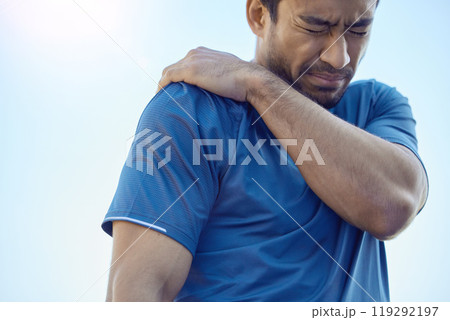 Man, shoulder pain and outdoor for fitness, injury and exercise with pain, inflammation and overworked. Person, athlete and runner with training, workout and accident with muscle tension and crisis 119292197